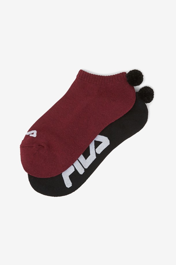 Fila Outlet - Pack De 2 Calcetines De Tenis Mujer Con Pompones Rojo Oscuro